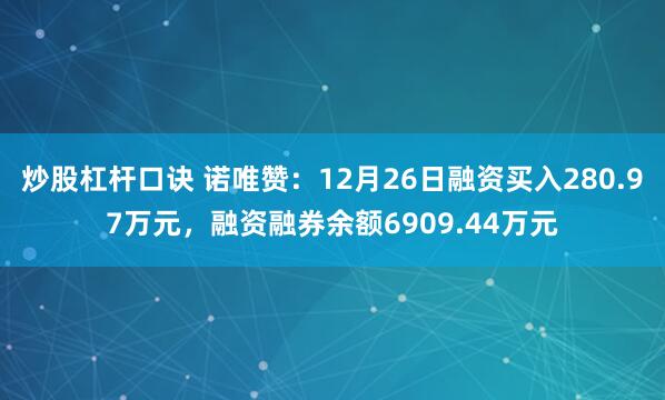 炒股杠杆口诀 诺唯赞：12月26日融资买入280.97万元，融资融券余额6909.44万元